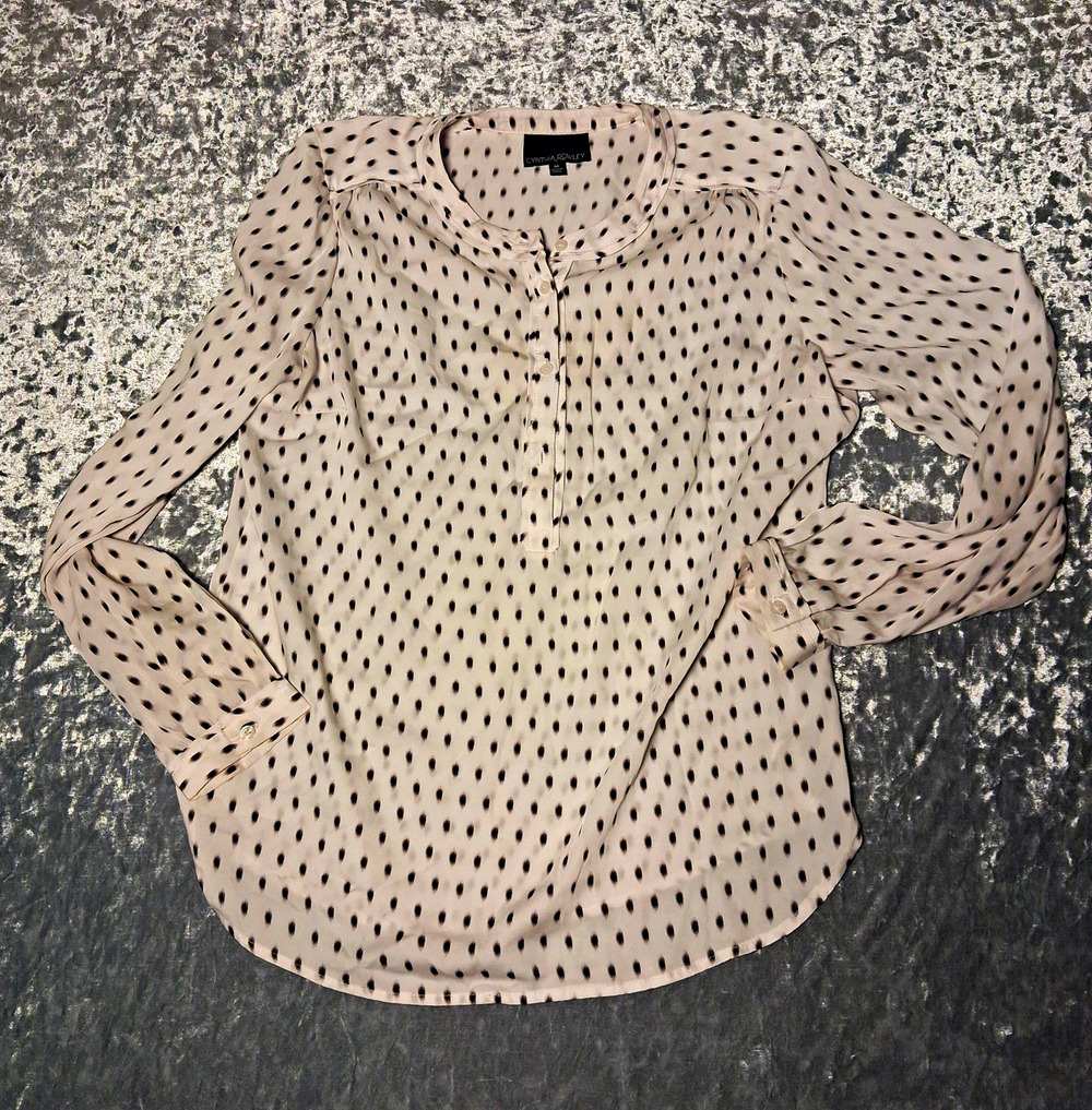 Cynthia Rowley Women's M Beige/Black Polka Dot Long Sleeve Round Neck Blouse
